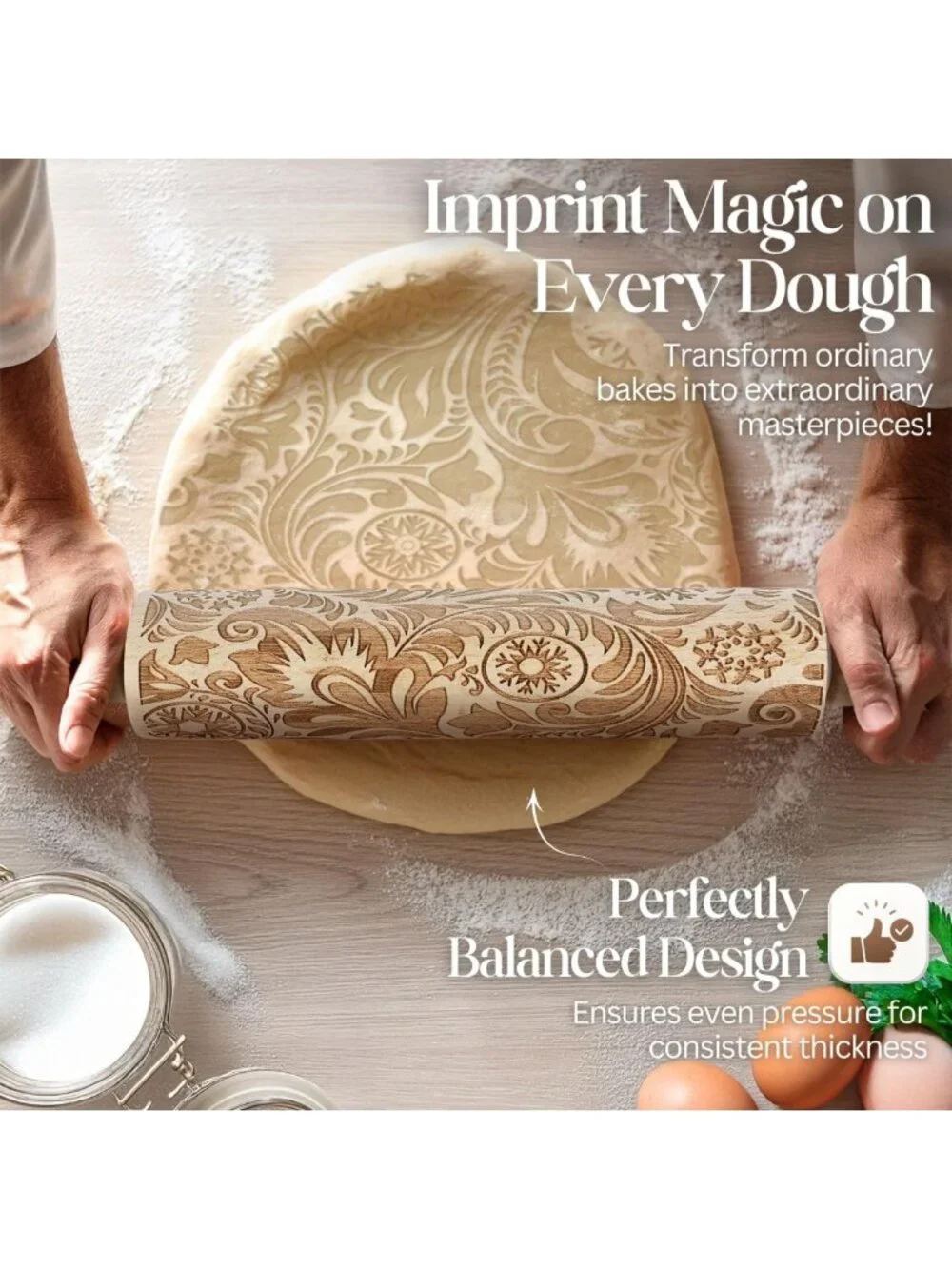 Engraved Wooden Rolling Pin with Snowflake & Flower Patterns for Baking Pastry